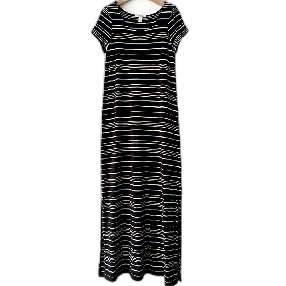 WHBM Navy Blue, white, light blue short Sleeve striped shimmery Maxy Dress Sz: S - Picture 1 of 10